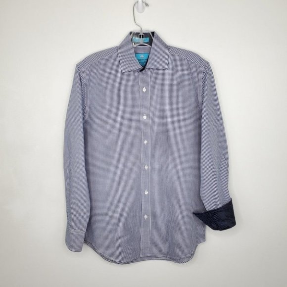 Christian Aujard Paris Navy White Gingham Plaid Check Button Up Shirt Size S - Picture 1 of 12